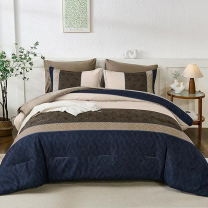 Dinjoy Navy Brown King Size Comforter Set,Striped Boho Bed in a Bag King 7 Pieces Soft Fall Bedding Comforters Sets wiht Sheets Microfiber Complete Bed Sets for All Season