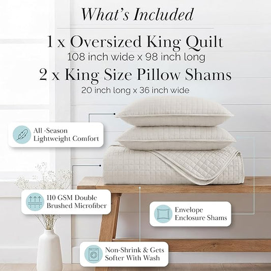 Southshore Fine Living, Inc. King Quilt Bedding Set, Quilted Comforter, Coverlet Bed Spread for California Kings, Luxury Bedding King Quilt Set, Lightweight Quilted Bedspread w/Shams, Natural Beige