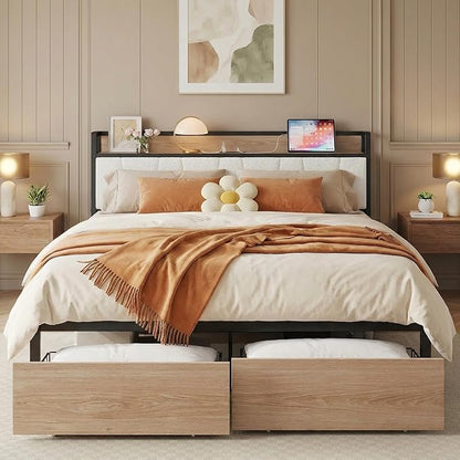 LIKIMIO Queen Size Bed Frame, Storage Headboard with Charging Station, Platform Bed with Drawers, No Box Spring Needed, Easy Assembly, Wood and Cream