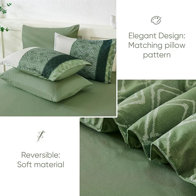 Dinjoy Green King Size Comforter Set,Striped Bed in a Bag King 7 Pieces Soft Microfiber Bedding Comforters Sets Boho Bed Complete Set for Summer All Season