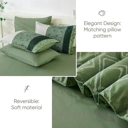 Dinjoy Green King Size Comforter Set,Striped Bed in a Bag King 7 Pieces Soft Microfiber Bedding Comforters Sets Boho Bed Complete Set for Summer All Season