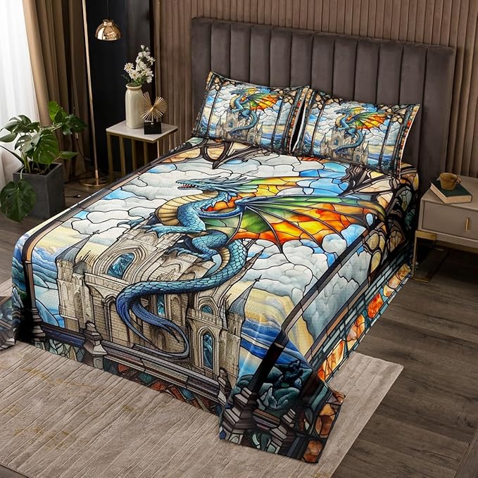 Western Dragon Kids Bedspread Queen Size,Tale Castle Cloud Glass Dragon Coverlet Set,Boys Girls Room Decor,Geometric Patchwork Natural View Quilted Coverlet,Blue Retro Bedding Quilt,2 Pillowcases