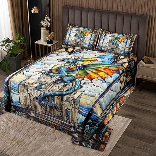 Western Dragon Kids Bedspread Twin Size,Tale Castle Cloud Glass Dragon Coverlet Set,Boys Girls Room Decor,Geometric Patchwork Natural View Quilted Coverlet,Blue Retro Bedding Quilt,1 Pillowcase