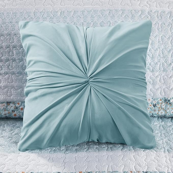 Madison Park Queen Quilt Set, Seersucker Floral Coverlet, All Season Lightweight Microfiber Bedding Quilt Set, Vermicelli Quilting Design, Throw Pillow, Caralie, Full/Queen Aqua 4 Piece