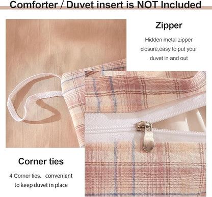 EAVD Pink Gingham Duvet Cover King Soft Washed Cotton Reversible Grid Plaid Bedding Set with 2 Pillowcases Modern Checkered Grid Duvet Cover with Zipper Farmhouse Gingham Bedding Set for All-Season