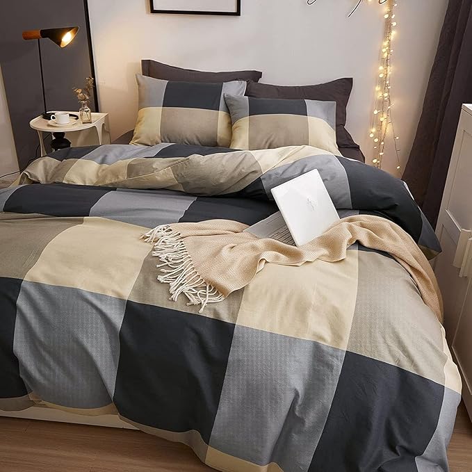 Reversible Cotton Plaid Bedding Set King Modern Soft Grid Checkered Duvet Cover Set Hotel Quality Luxury Bedding Collection 3 Piece Men Boys Comforter Cover Set with 2 Pillowcases (NO Comforter)