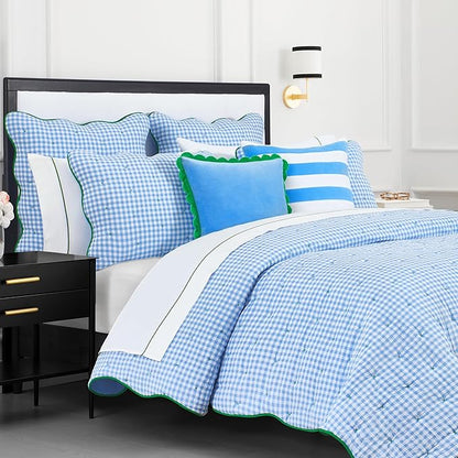 kate spade new york Joyful Gingham Euro Sham, 26" x 26" Spring Pillow Cover, Single Seersucker Cover, Machine Washable, Windy Blue