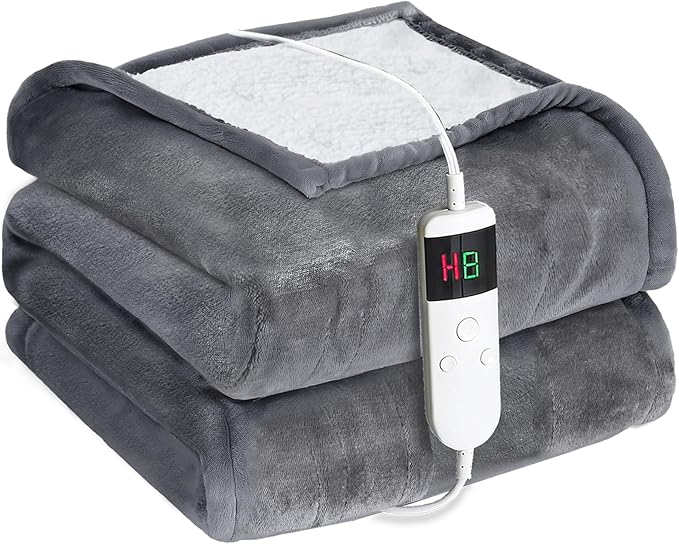 Electric Heated Blanket Throw Size 50''x60''-Control Heating Blanket, Soft & Warm Flannel 10-Level Temperature Control, 8 Hours Auto Off, Rapid Heating & Overheat Protection