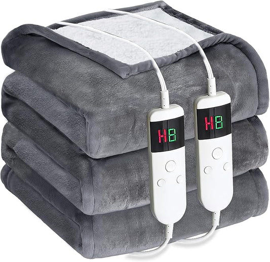 Electric Heated Blanket King Size 90''x100'' - Dual-Control Heating Blanket, Soft & Warm Flannel 10-Level Temperature Control, 8 Hours Auto Off, Rapid Heating & Overheat Protection