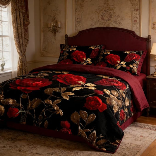 Black Red Roses Comforter Set Twin Size Kids Girls Botanical Floral Bedding Set Vintage Flower Soft Microfiber Lightweight Comforter,3 Pcs 2 Pillowcases, 68"x86"