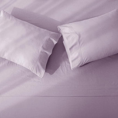 JIYUAN Twin Size Sheet Set, 3-Piece - 100% Washed Cotton, Linen-Like Soft & Breathable, Includes Deep Pocket Fitted & Flat Sheet with 1 Pillowcases, Hotel Quality, Heathered Light Purple