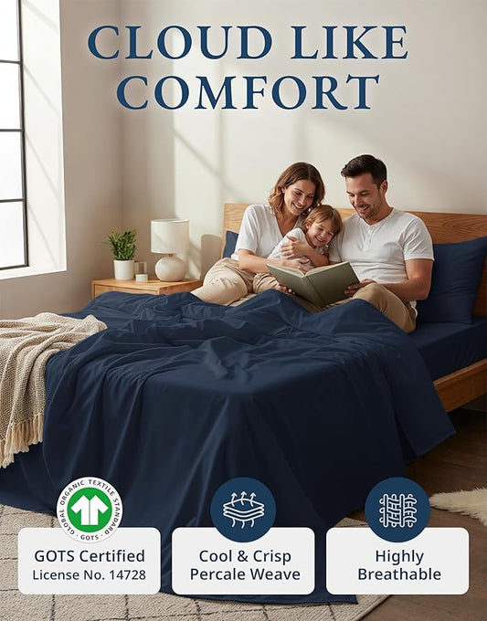 LANE LINEN 100% Organic Cotton Fully Elasticized King Sheet Set, Low Pilling Fade Resistant Machine Washable Naturally Cooling King Bedding Set, Soft & Comfy Cotton Sheets - Navy