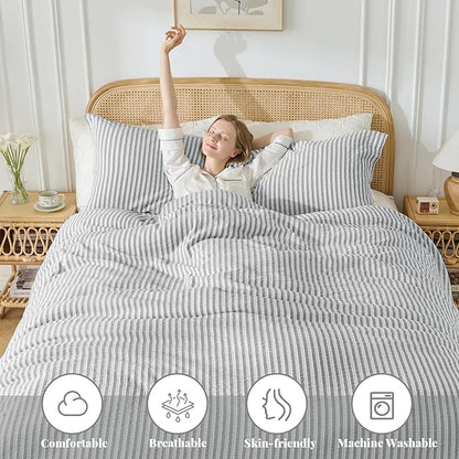 MILDLY Grey Striped Duvet Cover - 100% Washed Cotton Jacquard Textured Comforter Cover with Dual Zipper Closure & 8 Coner Ties
