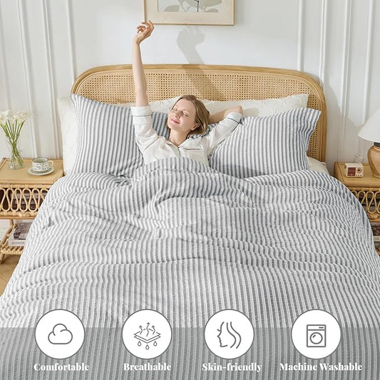 MILDLY Grey Striped Duvet Cover - 100% Washed Cotton Jacquard Textured Comforter Cover with Dual Zipper Closure & 8 Coner Ties