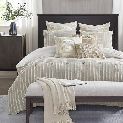 Madison Park Queen Comforter Set Clipped Jacquard Stripes with Buttons Boho Comforter for a Queen-Size Bed, Cotton Oversized Comforters with Removable Cover Boho Bedding, Queen Ivory 8 Piece
