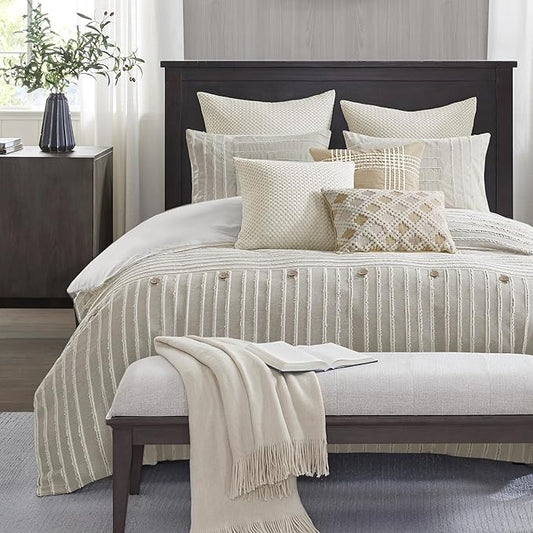 Madison Park Queen Comforter Set Clipped Jacquard Stripes with Buttons Boho Comforter for a Queen-Size Bed, Cotton Oversized Comforters with Removable Cover Boho Bedding, Queen Ivory 8 Piece