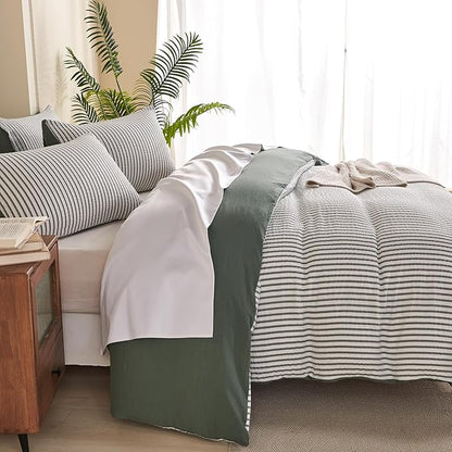 Comforter Set King Size Green Soft Luxury Washed Microfiber Jacquard 3 Pieces Bedding Set, White Green Vertical Ticking Stripes Pattern Comforter with 2 Pillowcases Breathable Durable Comfy
