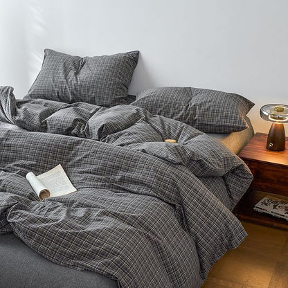 EAVD Vintage Style Grey Plaid Gingham Duvet Cover Queen 100% Washed Cotton Like Linen Feel Soft Grid Plaid Bedding Set with 2 Pillowcases Farmhouse Grid Geometric Pattern Duvet Cover with Zipper