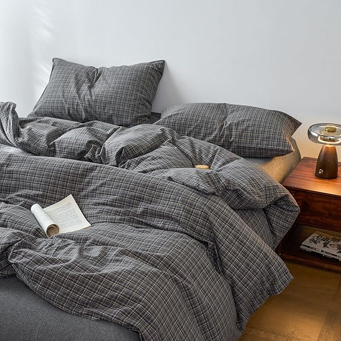 EAVD Vintage Style Grey Plaid Gingham Duvet Cover Full 100% Washed Cotton Like Linen Feel Soft Grid Plaid Bedding Set with 2 Pillowcases Farmhouse Grid Geometric Pattern Duvet Cover with Zipper