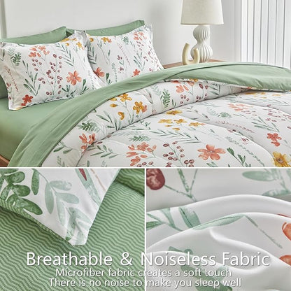 AIKASY Bed in a Bag 6 Pieces Twin Size - Floral Print - Soft Microfiber, Reversible Bed Comforter Set (1 Comforter, 2 Pillow Shams, 1 Flat Sheet, 1 Fitted Sheet, 1 Pillowcases)（White, Twin）