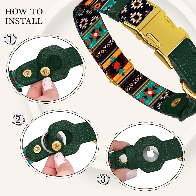 AirTag Dog Collar for Small Medium Large Breed - Adjustable Cute Pattern Dog Collar with Airtag Holder - Soft Leather Tracker GPS Apple Air Tag Pet Collars (X-Large, 20"-25" Neck Fit, Tribal)