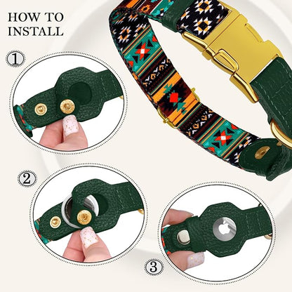 AirTag Dog Collar for Small Medium Large Breed - Adjustable Cute Pattern Dog Collar with Airtag Holder - Soft Leather Tracker GPS Apple Air Tag Pet Collars (X-Small, 9"-12" Neck Fit, Tribal)