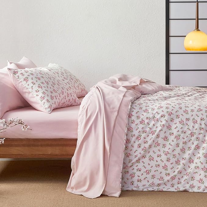 Wake In Cloud - Coquette Duvet Cover Set, Floral Cottagecore Flower Shabby Chic Cute Aesthetic, Soft Lightweight Bedding for Women Teen Girls, 3-Piece, Pink, Full Size
