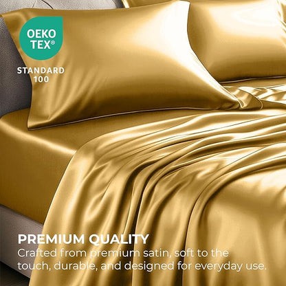 Satin Sheets Twin [3-Piece, Gold] Hotel Luxury Silky Bed Sheets - Extra Soft 1800 Microfiber Sheet Set, Wrinkle, Fade, Stain Resistant - Deep Pocket Fitted Sheet, Flat Sheet, Pillow Cases