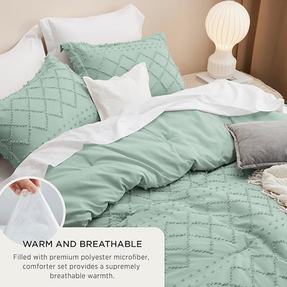 Bedsure King Comforter Set - Sage Green Comforter, Boho Tufted Shabby Chic Bedding for Kids, 3 Pieces Vintage Farmhouse Bed Set for All Seasons, Fluffy Soft Bedding with 2 Pillow Shams