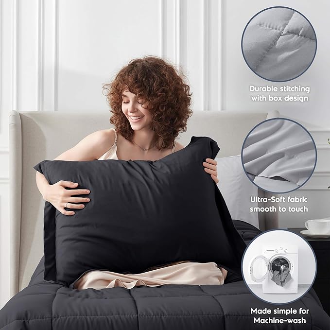 Nestl 5 Piece Twin Comforter Set – Black Reversible Bed in a Bag – Complete Twin Size Bedding Set with Sheets, Pillowcase and Sham
