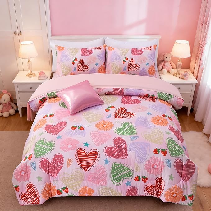 A Nice Night 6 Piece Comforter Set Bed in a Bag with Comforter & Sheet Set,Watercolor Pink Hearts Pattern Flower Strawberries Printed Bedding Sets Kids Girls,Full