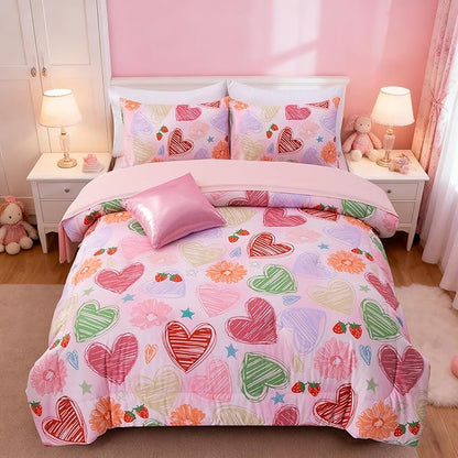 A Nice Night 6 Piece Comforter Set Bed in a Bag with Comforter & Sheet Set,Watercolor Pink Hearts Pattern Flower Strawberries Printed Bedding Sets Kids Girls,Full