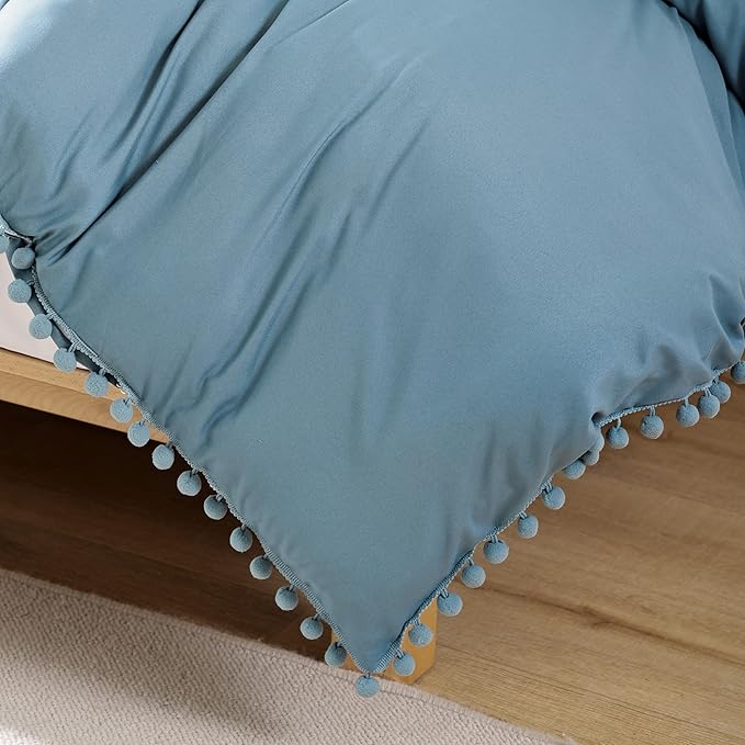 YIRDDEO Queen Comforter Set - Comforter Queen Size Sets with Ball Pom Fringe, Soft Bedding Set for All Seasons - 3 Pieces, 1 Comforter (90"x90") & 2 Pillow Shams (20"x26"), Dusty Blue