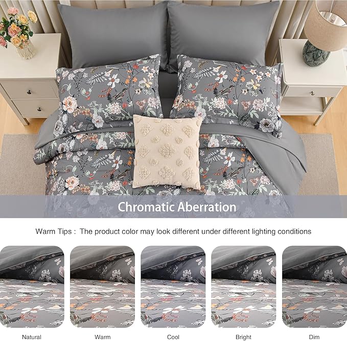 7 Piece King Comforter Set, Dark Grey Butterfly Floral Comforter Set with Flowers Leaves Pattern, Soft Microfiber Complete Bedding Set for All Season(Dark Grey, King)