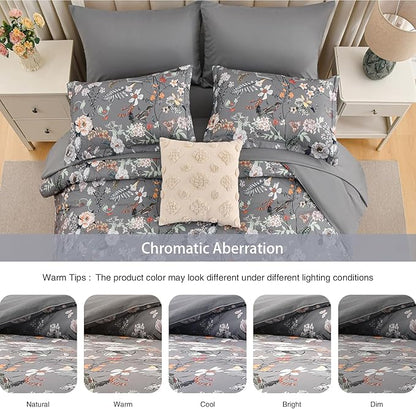 7 Piece Queen Comforter Set, Dark Grey Butterfly Floral Comforter Set with Flowers Leaves Pattern, Soft Microfiber Complete Bedding Set for All Season(Dark Grey, Queen)
