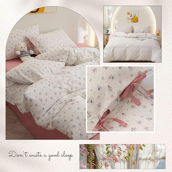 VM VOUGEMARKET Girls Duvet Cover Queen Ditsy Floral Bedding Set Cotton Cottagecore Duvet Cover and 2 Pillowcase with Bow-tie Girls Cute Comforter Cover with Zipper Closure