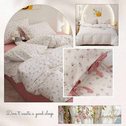 VM VOUGEMARKET Girls Duvet Cover Queen Ditsy Floral Bedding Set Cotton Cottagecore Duvet Cover and 2 Pillowcase with Bow-tie Girls Cute Comforter Cover with Zipper Closure