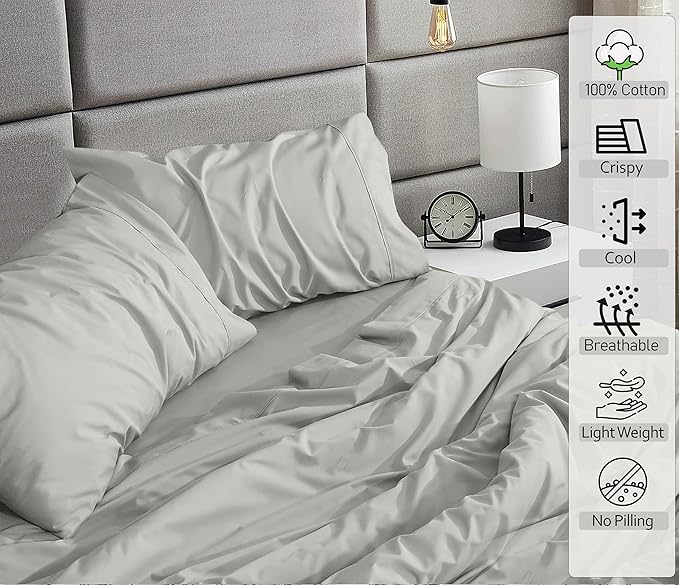 RUVANTI 100% Cotton Sheets – King Size Percale Bedding, Cooling & Breathable, Durable with a Crisp, Soft & Comfortable Feel, 16" Deep Pocket, 4-Piece Set, Silver