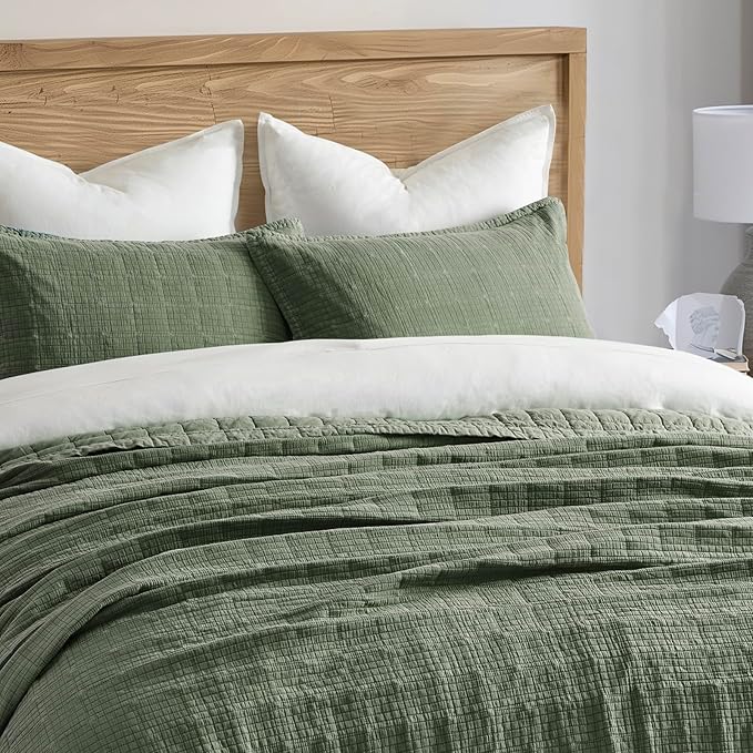 EVERGRACEHOME Stonewashed Cotton Quilt Set King Size, Ultra Soft Oversized Bedspread Coverlet Set, Lightweight Crinkle Box Stitch Bedding Sets for All Season, with 2 Shams, Olive Green
