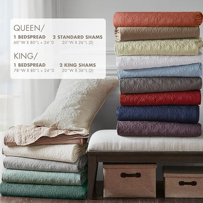 Madison Park Quebec Split Corner Quilted Bedspread Classic Traditional Design All Season, Lightweight, Bedding Set, Matching Shams, Queen, Damask Quilted Khaki 3 Piece
