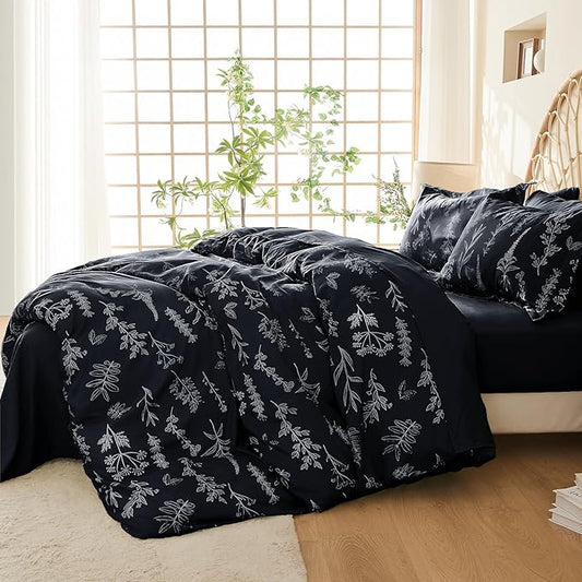 MUXHOMO Duvet Cover Full Size, Reversible Floral Black Duvet Cover Set with Zipper Closure, 3 Pieces Botanical Patterns Soft Microfiber Bedding Set with 4 Ties (80"x90", 2 Pillow Cases)