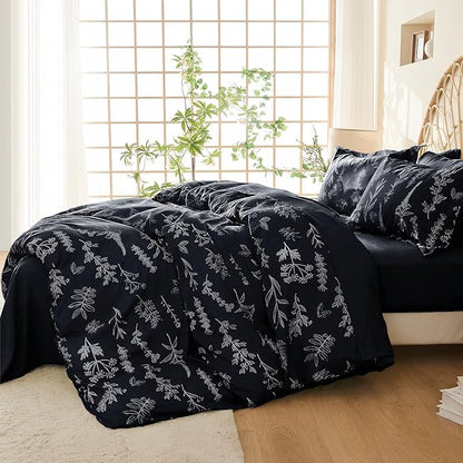 MUXHOMO Duvet Cover Queen Size, Reversible Floral Black Duvet Cover Set with Zipper Closure, 3 Pieces Botanical Patterns Soft Microfiber Bedding Set with 4 Ties (90"x90", 2 Pillow Cases)