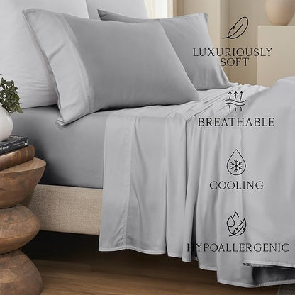 KARISSA MAE Cooling Bamboo Viscose Split King Sheet Set | 100% FSC Certified | 18” Deep Pocket | Silky, Soft, & Hypoallergenic | with Organizer Band & Elastic Corner Straps [Grey Mist]