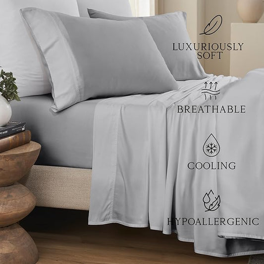 KARISSA MAE Cooling Bamboo Viscose Split King Sheet Set | 100% FSC Certified | 18” Deep Pocket | Silky, Soft, & Hypoallergenic | with Organizer Band & Elastic Corner Straps [Grey Mist]