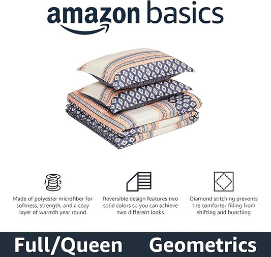 Amazon Basics Lightweight Microfiber Comforter Set, 3-Pieces, Gray Geometrics, Full/Queen