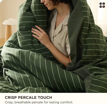 Bedsure Striped Duvet Cover Queen Size, 100% Washed Cotton PureWoven Duvet Cover Linen Like Textured, Classic Striped Pattern Enhances Bedroom Comfort and Style, Stripes Olive Green, 90"x90"