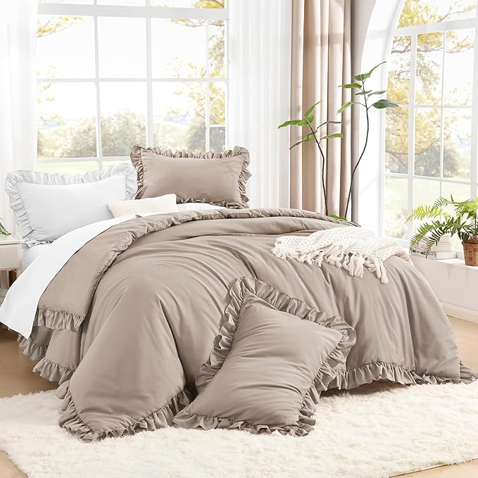 Litanika Light Coffee Queen Comforter Set, 3 Pieces Ruffle Farmhouse Aesthetic Bedding Comforter Set, All Season Soft Lightweight Fluffy Microfiber Bed Set(90x90In Comforter, 2 Pillowcases)