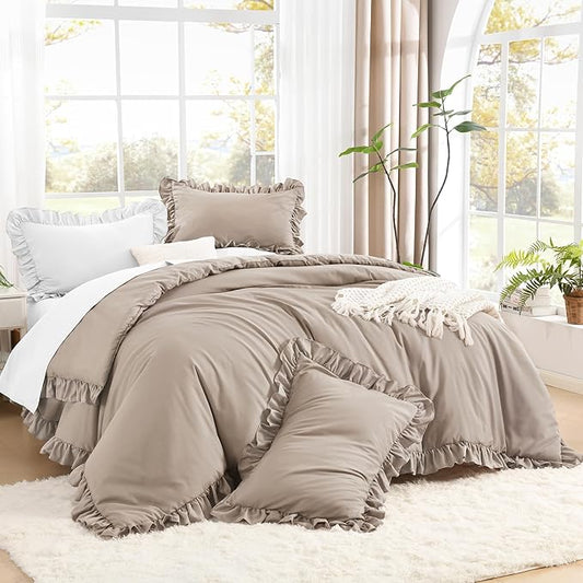 Litanika Light Coffee King Size Comforter Set, 3 Pieces Ruffle Farmhouse Aesthetic Bedding Comforter Set, All Season Soft Lightweight Fluffy Microfiber Bed Set(104x90In Comforter, 2 Pillowcases)