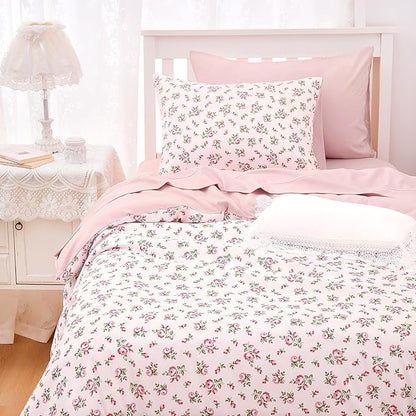 Wake In Cloud - Coquette Duvet Cover Set, Floral Cottagecore Flower Shabby Chic Cute Aesthetic, Soft Lightweight Bedding for Women Teen Girls, 3-Piece, Pink, Twin/Twin XL Size
