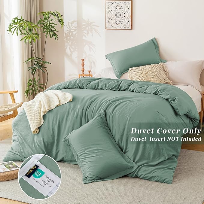 MILDLY Super Soft Duvet Cover 2pcs - 100% Washed Microfiber Sage Green Comforter Cover Set with Zipper Closure & Corner Ties (No Comforter)